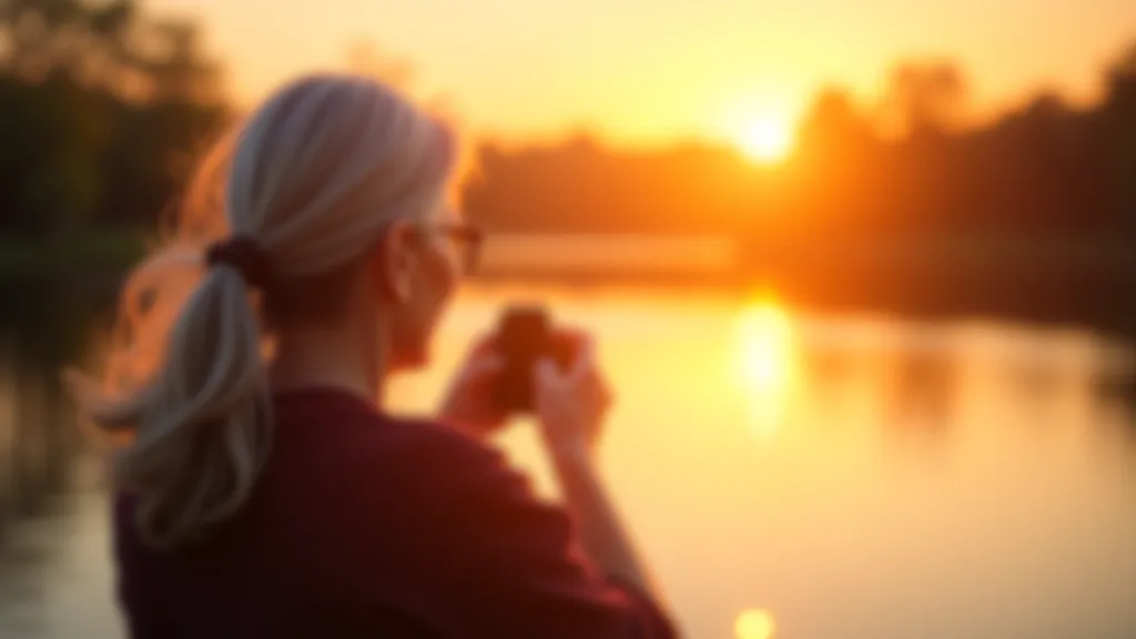 Seniora sieviete fotogrāfē saulrieta gaismu, kas atspoguļojas Alūksnes ezerā, silti oranži toni, mierīga attieksme